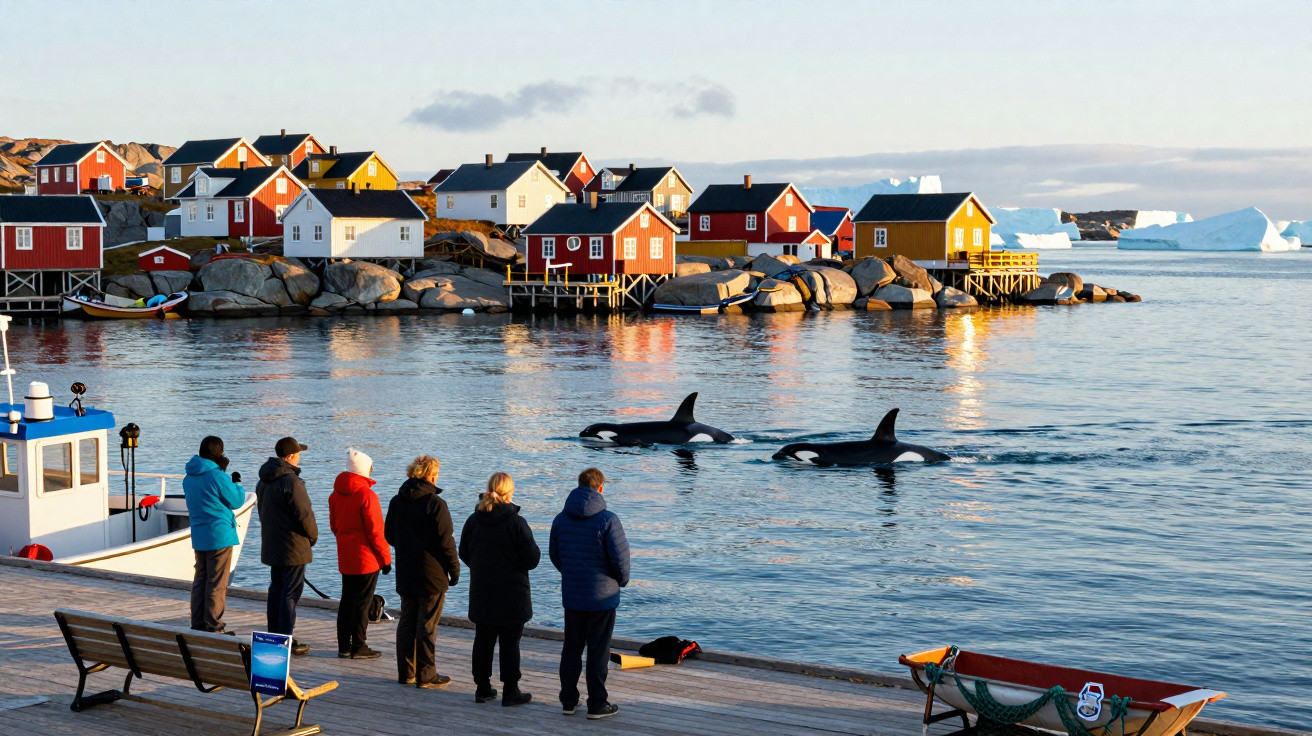 Grupo de pessoas observa orcas no mar perto de casas coloridas e icebergues ao longe, durante o dia.