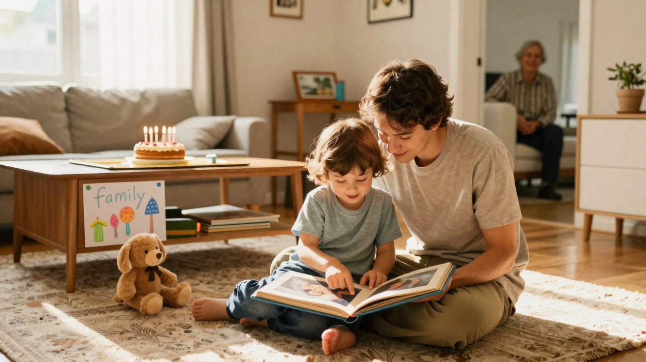 Pai e filho sentados no chão a ler um livro, com bolo de aniversário e senhora a sorrir ao fundo.