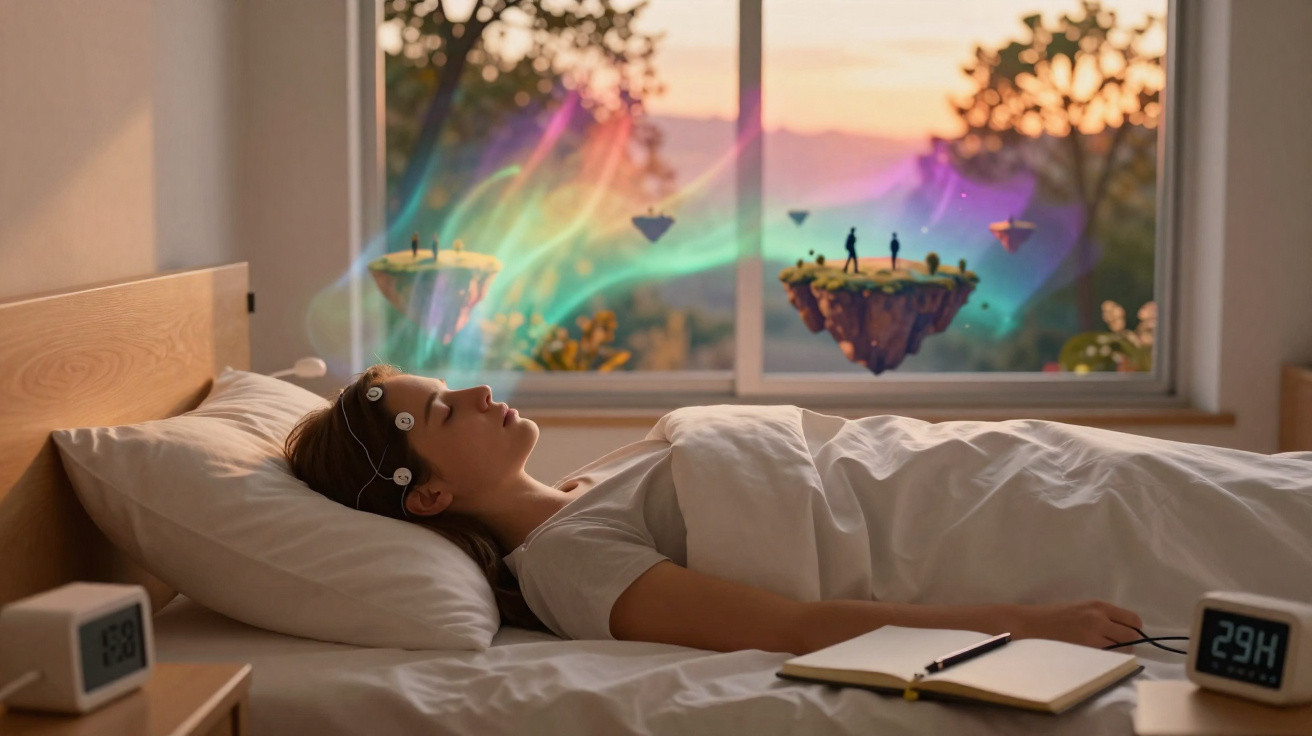 Mulher dormindo com dispositivo na cabeça que emite luzes coloridas num quarto ao entardecer.