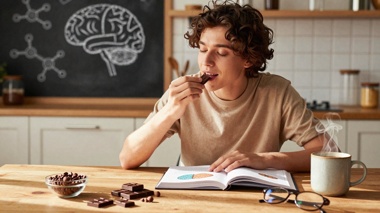 Jovem a comer chocolate enquanto estuda neurociência numa sala iluminada e confortável.
