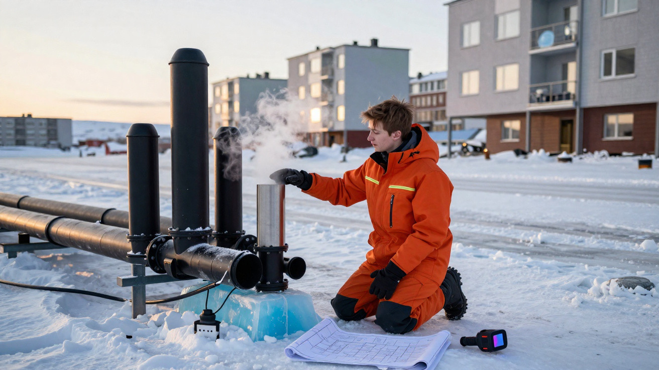 Técnico em macacão laranja ajusta equipamento a vapor em ambiente nevado perto de edifícios residenciais.