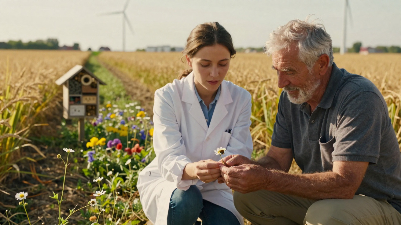 Mulher cientista e agricultor idoso examinam flor num campo com moinho de vento ao fundo.