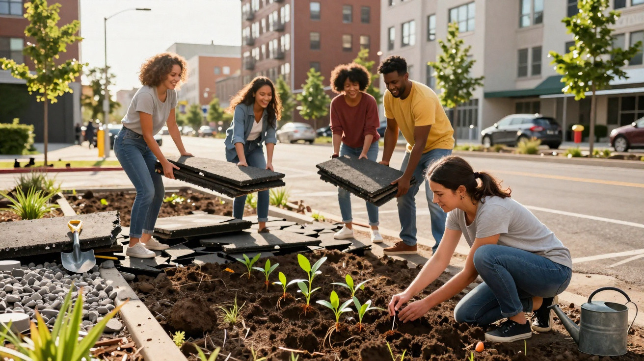 Grupo de jovens a plantar plantas e colocar tapetes de borracha num jardim urbano.