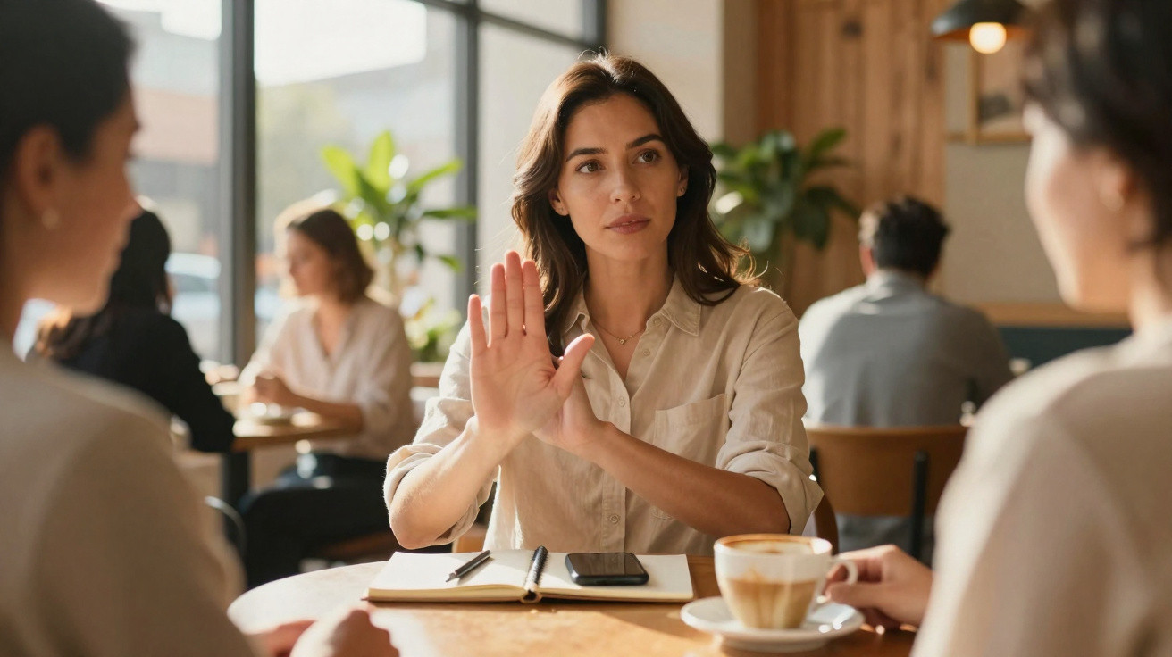 Mulher em café faz gesto de paragem com a mão para outra pessoa sentada à sua frente.