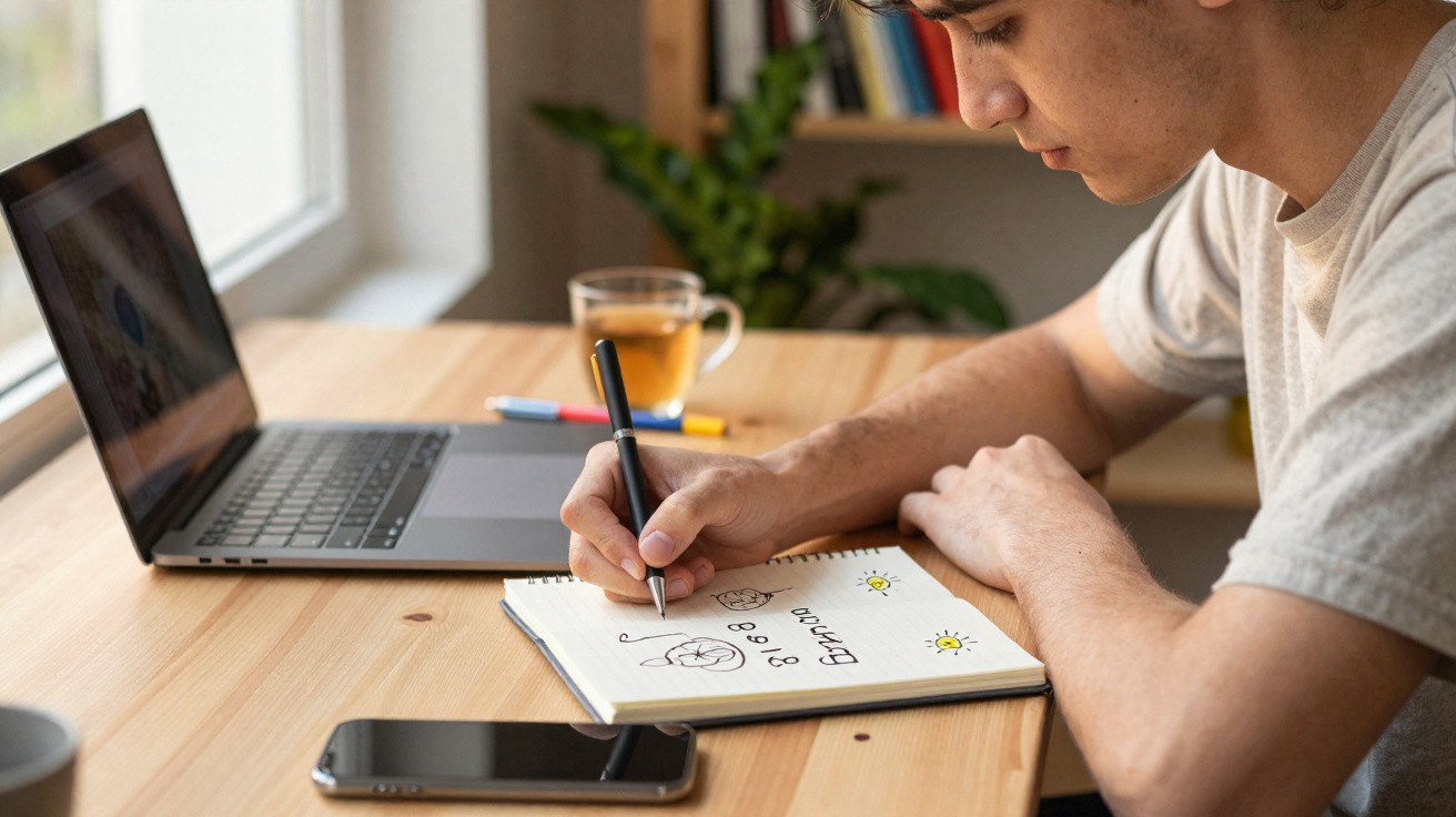 Jovem sentado a desenhar num caderno, com portátil, telemóvel e chá numa mesa de madeira perto da janela.