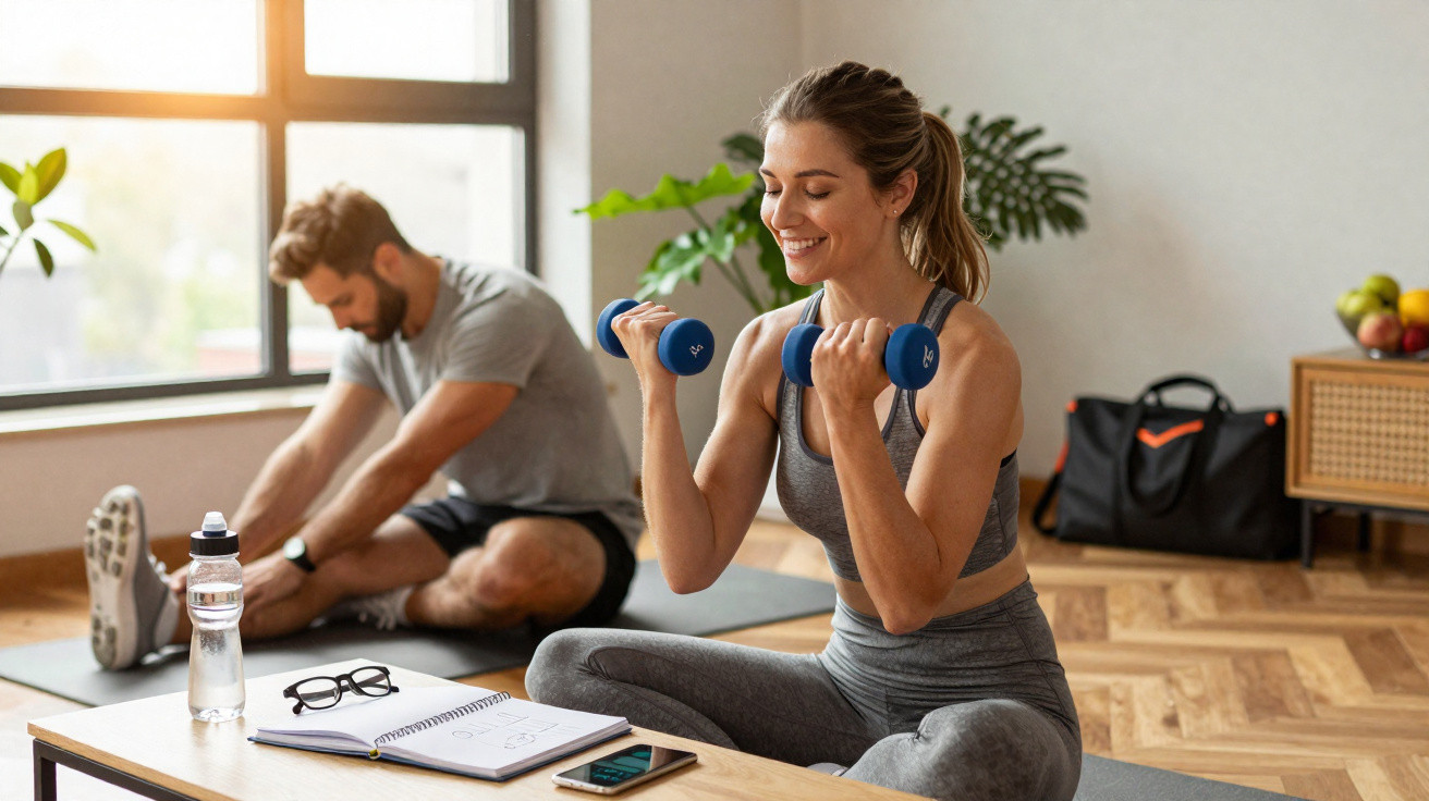 Casal a fazer exercícios com halteres em casa, sentado em tapetes de yoga junto a janelas grandes.