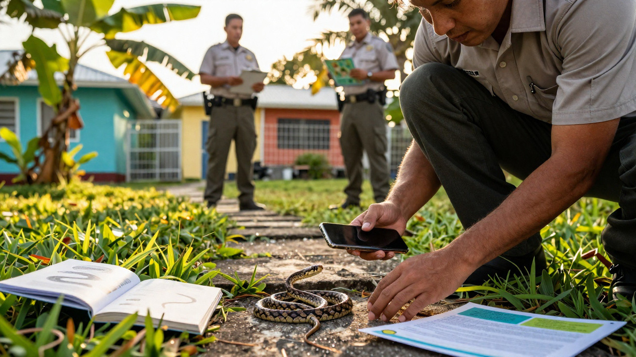 Agentes ambientais observam e documentam uma cobra numa calçada em área residencial com vegetação.