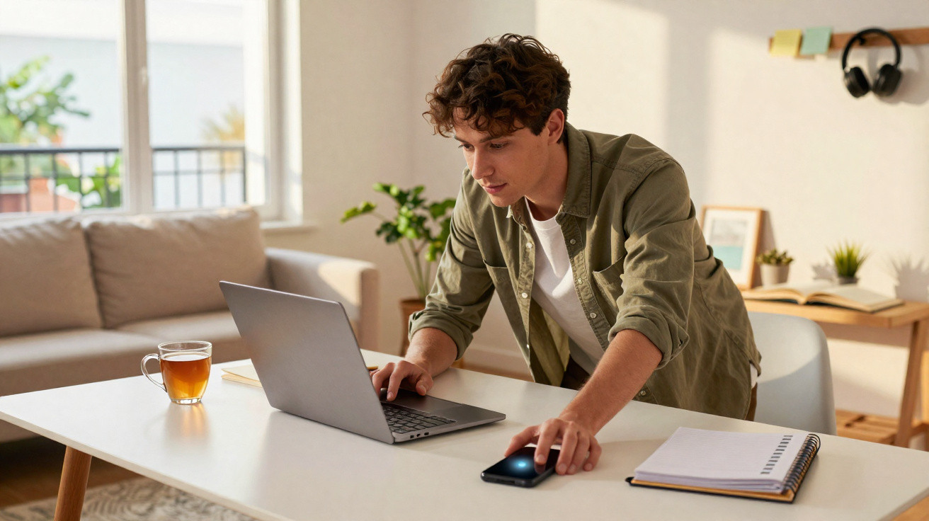 Jovem a trabalhar num computador portátil numa mesa com caderno, telemóvel e chá numa sala iluminada.