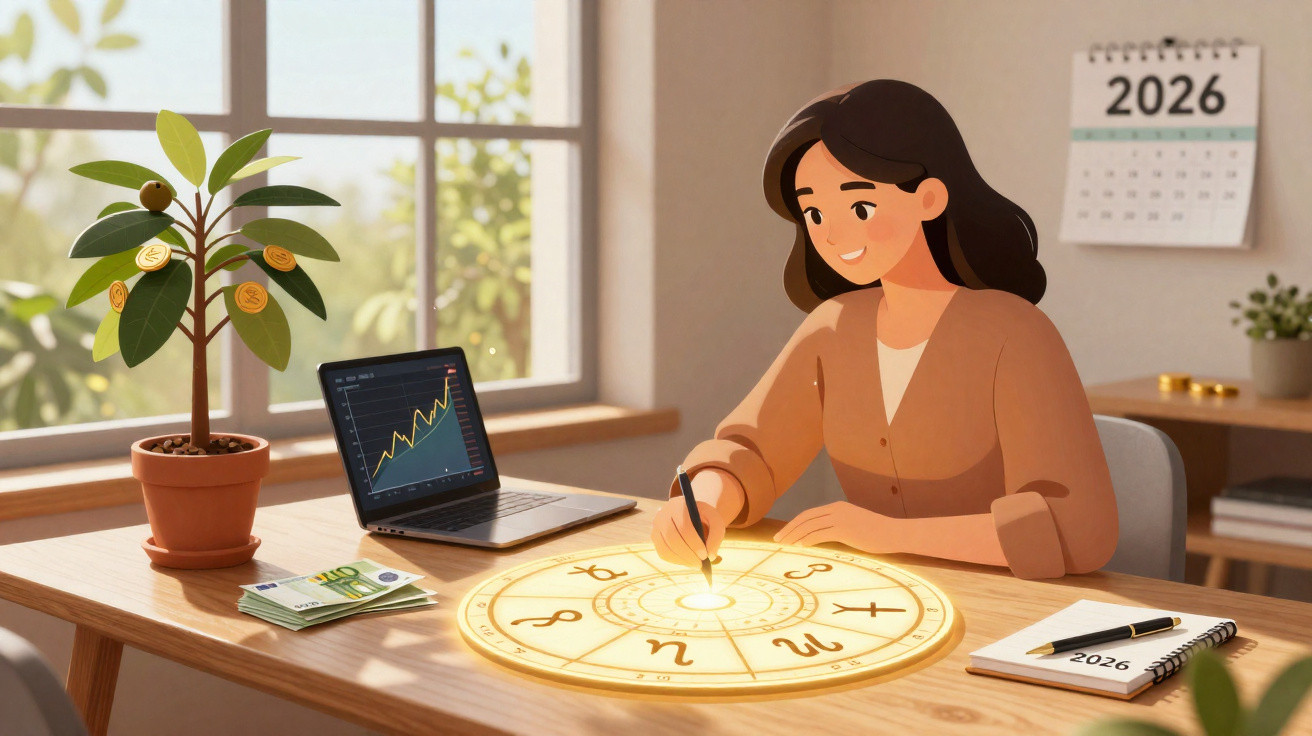 Mulher a estudar astrologia numa mesa com mapa astral, laptop, dinheiro e calendário de 2026.