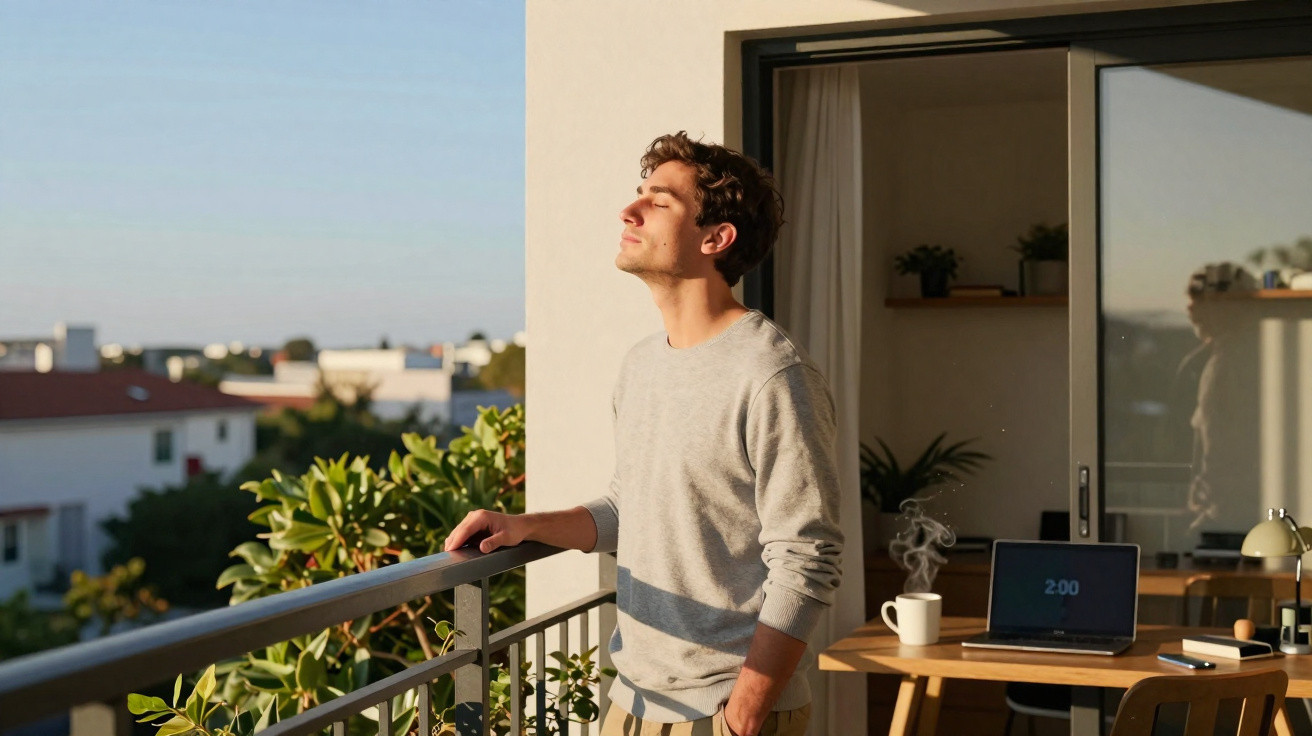 Homem de pé numa varanda a desfrutar do sol da manhã com laptop e café sobre o balcão.