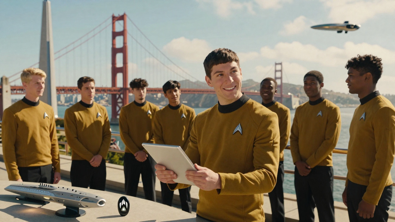 Grupo de jovens com uniformes dourados a sorrir perto da ponte Golden Gate em São Francisco.