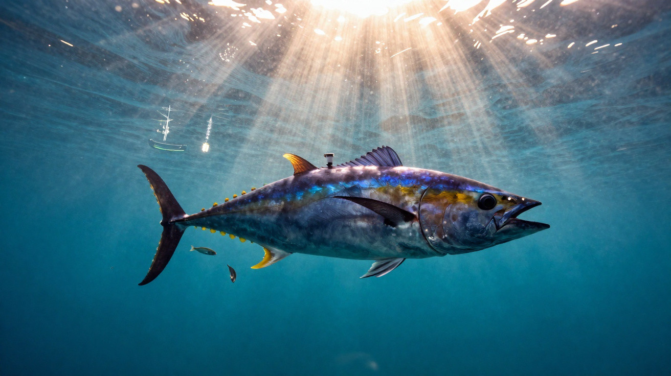 Peixe tuna grande nadando debaixo de água com luz solar a penetrar na superfície.