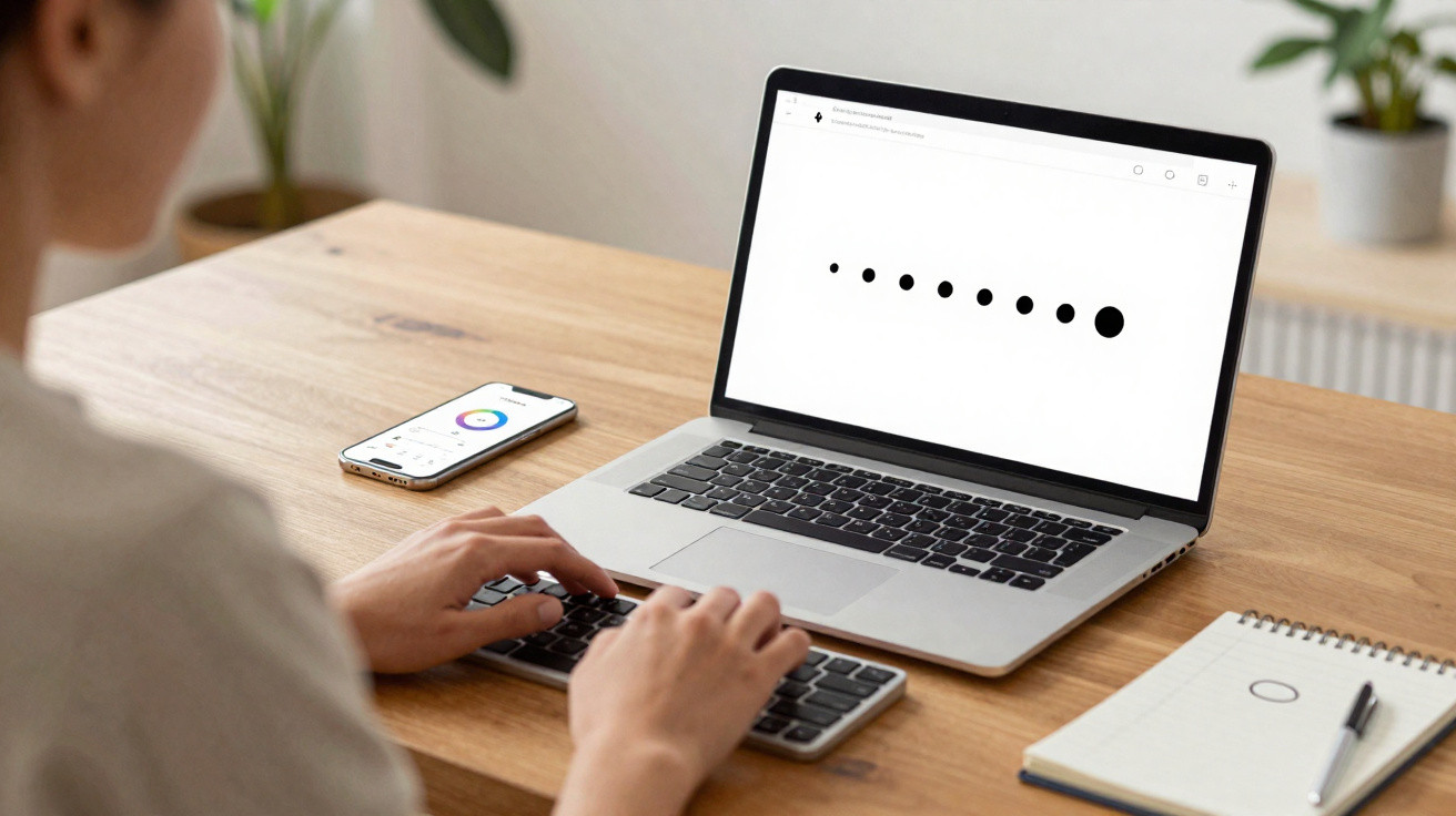 Pessoa a usar portátil com código em Braille no ecrã, telemóveis e caderno numa mesa de madeira.
