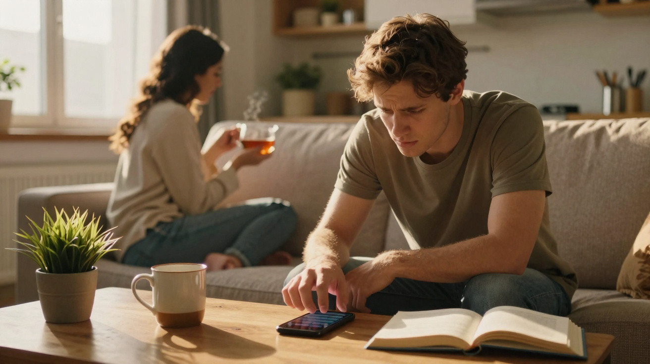 Jovem homem sentado no sofá a usar smartphone, mulher ao fundo a servir chá numa sala iluminada.