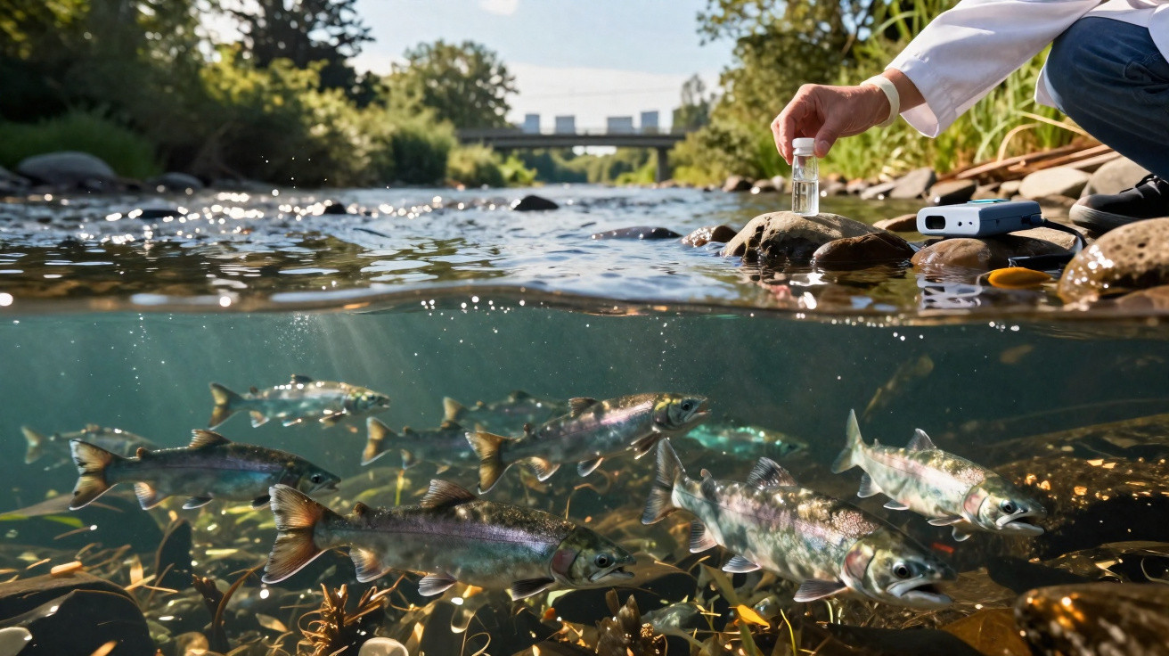 Cientista com luvas recolhe amostra de água num rio com peixes vistos debaixo e fora da água.