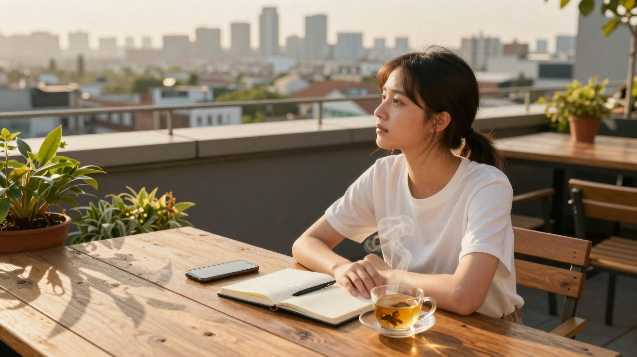 Mulher sentada numa varanda com chá, caderno e telemóvel, olhando para o horizonte ao entardecer.