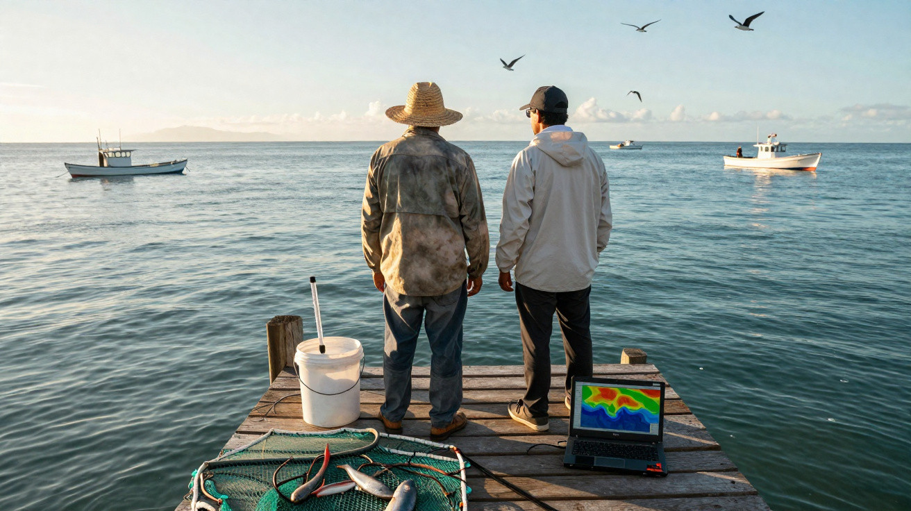 Dois homens de costas observam o mar a partir de um cais de madeira com barcos ao longe.