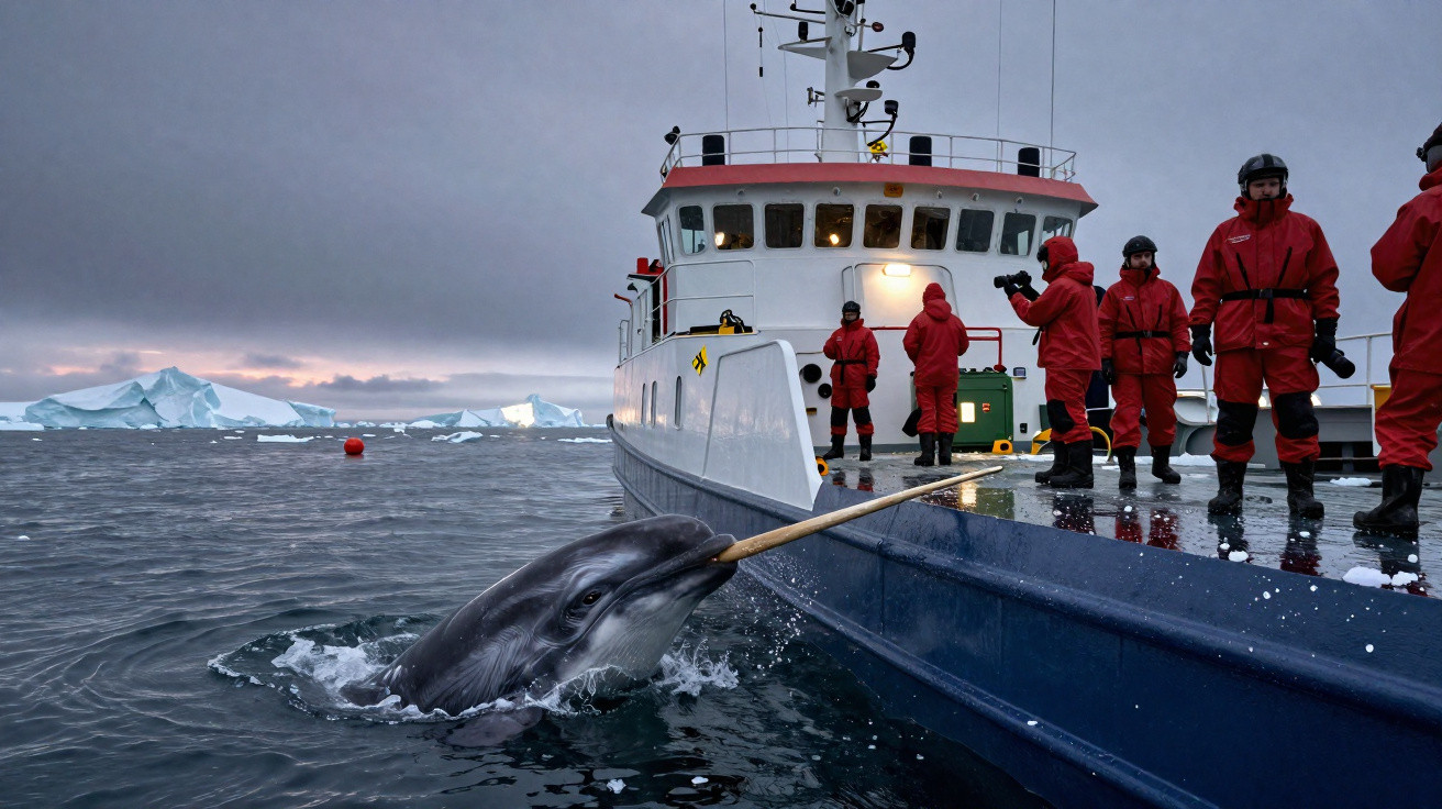 Golfinho brinca com vara na borda de um barco com cientistas de fato vermelho em águas geladas à frente de icebergues.