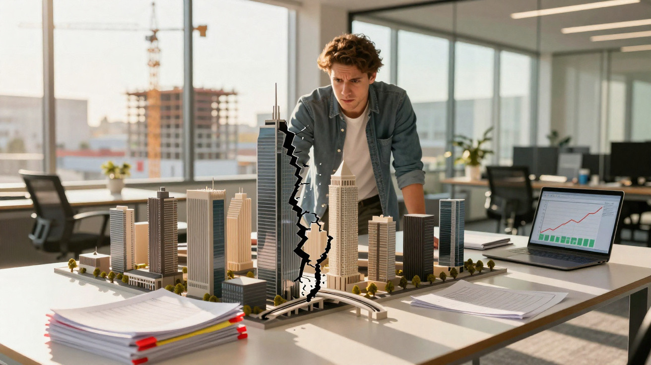 Jovem analisa modelo de cidade com rachadura gigante numa mesa de escritório moderna.