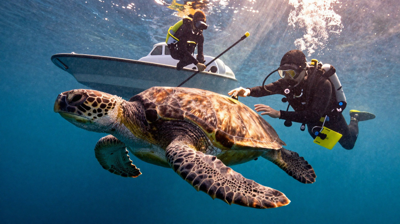 Mergulhador a tocar numa tartaruga marinha grande em água cristalina com um barco à superfície.