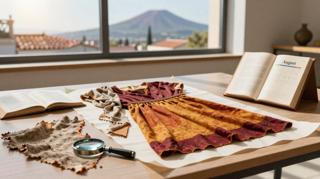 Vestido colorido, calendário de agosto, livro aberto e lupa sobre mesa com vista para montanha.