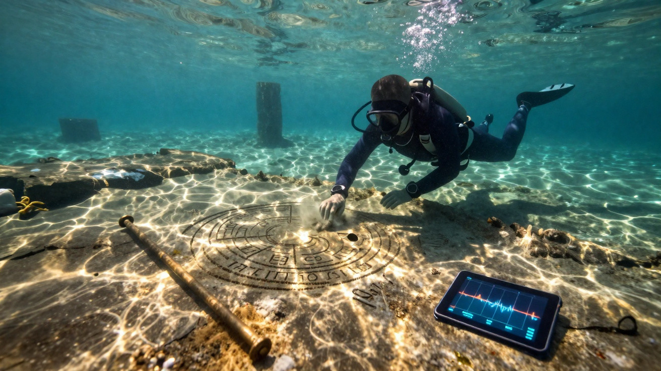 Mergulhador explora ruínas subaquáticas com tablet e equipamento de escavação.