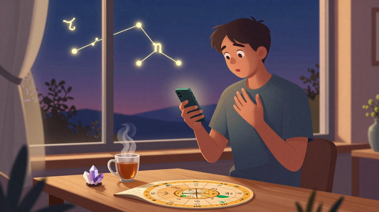 Jovem surpreendido a olhar para o telemóvel com símbolos de astrologia a flutuar numa sala ao entardecer.