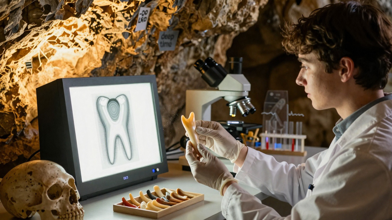 Cientista numa caverna analisa um osso com luvas, com crânio, microscópio e imagem de cérebro digital à frente.