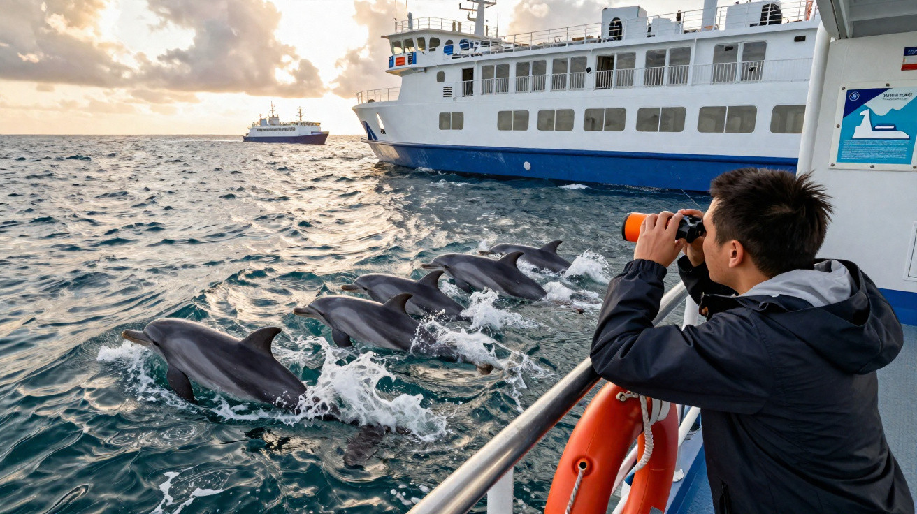Homem observa golfinhos no mar com binóculos a partir de um barco, com outro barco ao fundo ao pôr do sol.