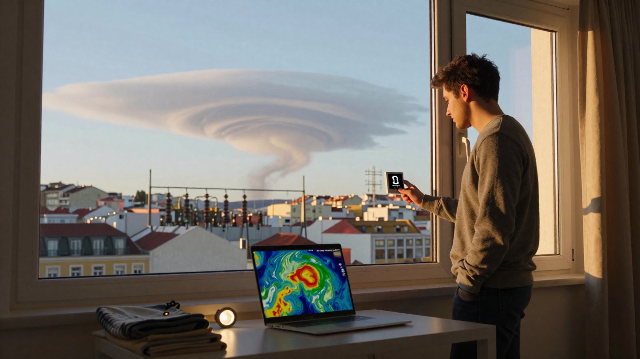 Homem ajusta termostato junto à janela aberta numa sala com laptop a mostrar mapa de calor climático.
