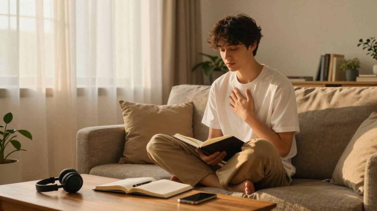 Jovem sentado no sofá a ler um livro com as mãos no peito, numa sala iluminada com luz natural.