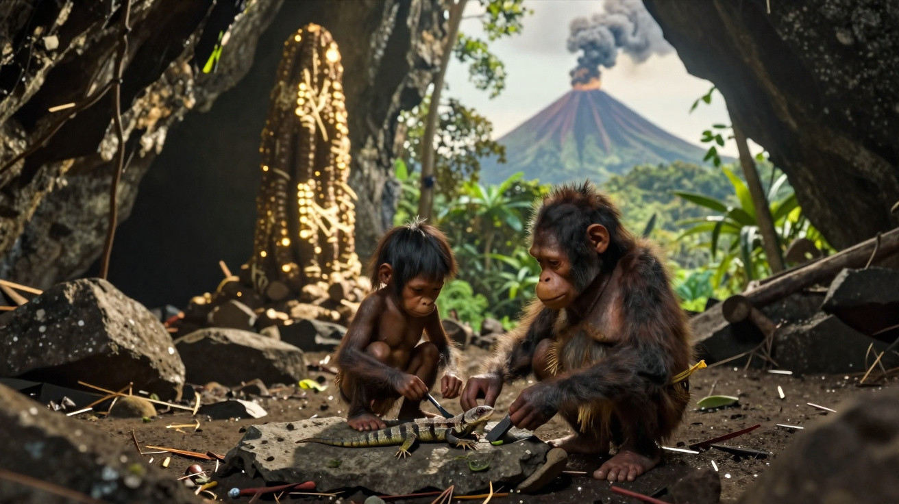 Dois macacos jovens jogam com uma lagartixa numa floresta com um vulcão em erupção ao fundo.