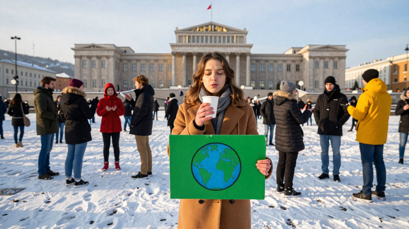 Mulher segura cartaz do planeta Terra em protesto no inverno, com pessoas e edifício ao fundo na neve.