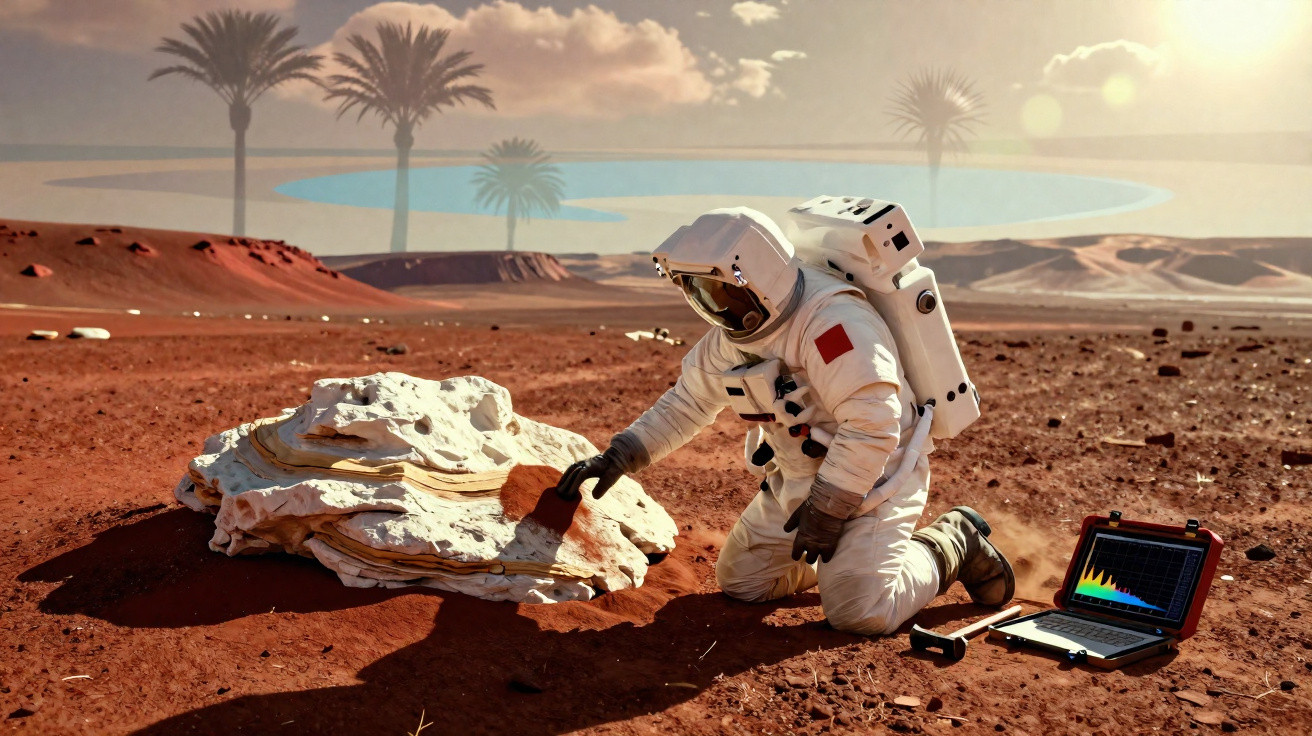 Astronauta em planeta árido com palmeiras ao fundo, examina rocha enquanto utiliza equipamentos científicos.