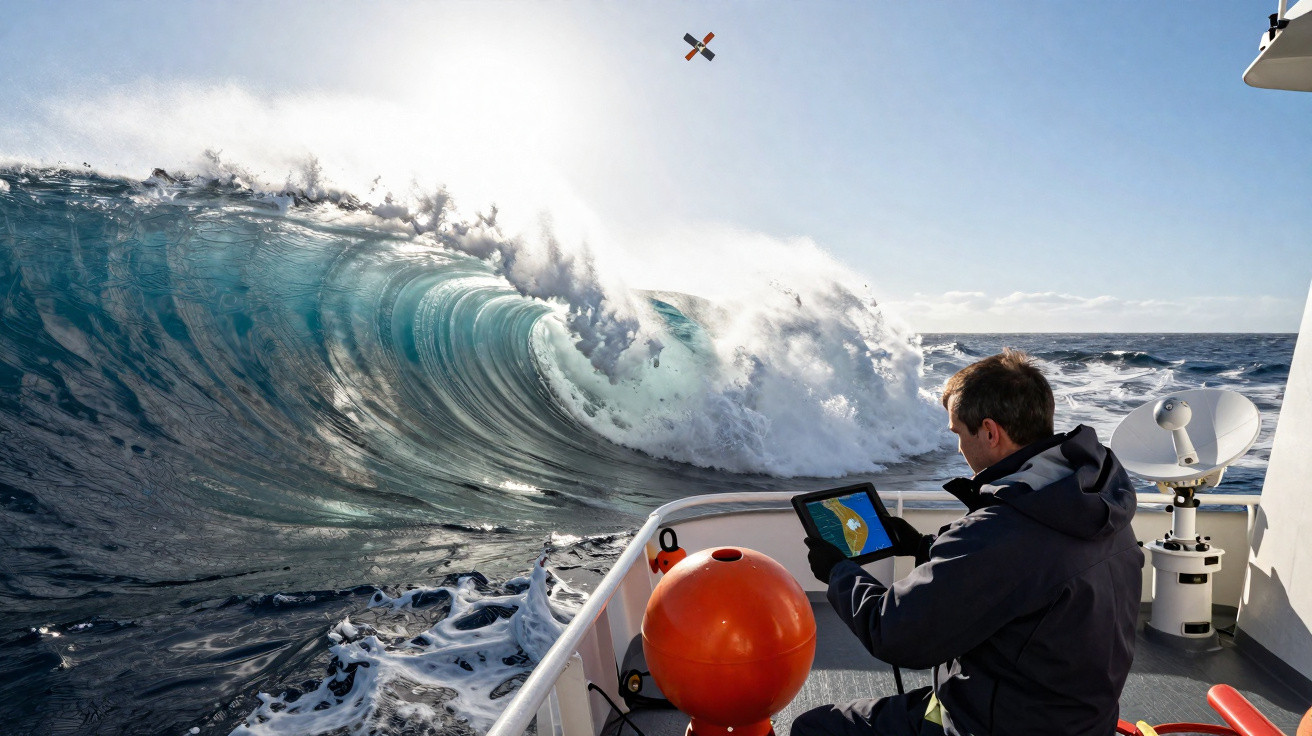 Homem num barco controla equipamento tecnológico enquanto onda grande quebra no mar aberto.