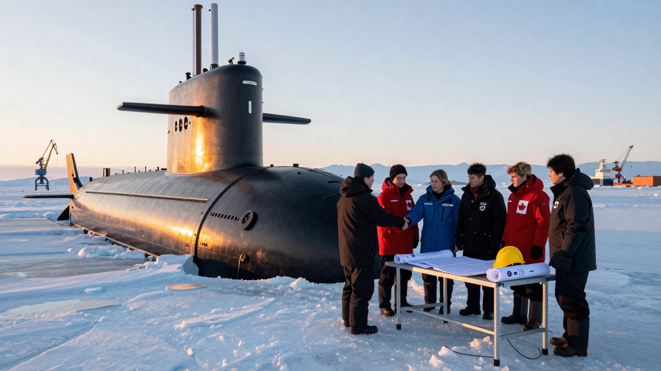 Mergulhadores reunidos com planos junto a um submarino numa paisagem gelada e nevada ao pôr do sol.