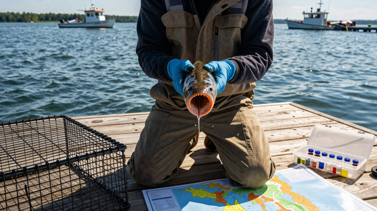Homem com luvas azuis segura peixe de boca aberta em cais, com mar, barco, mapa e caixa de equipamentos ao redor.