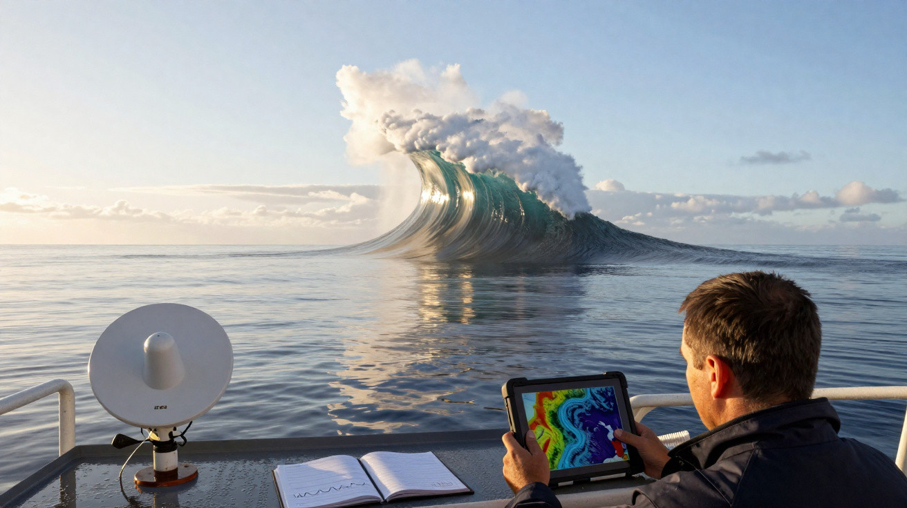 Homem numa embarcação observa uma onda gigante com topo em forma de nuvem no mar calmo ao amanhecer.
