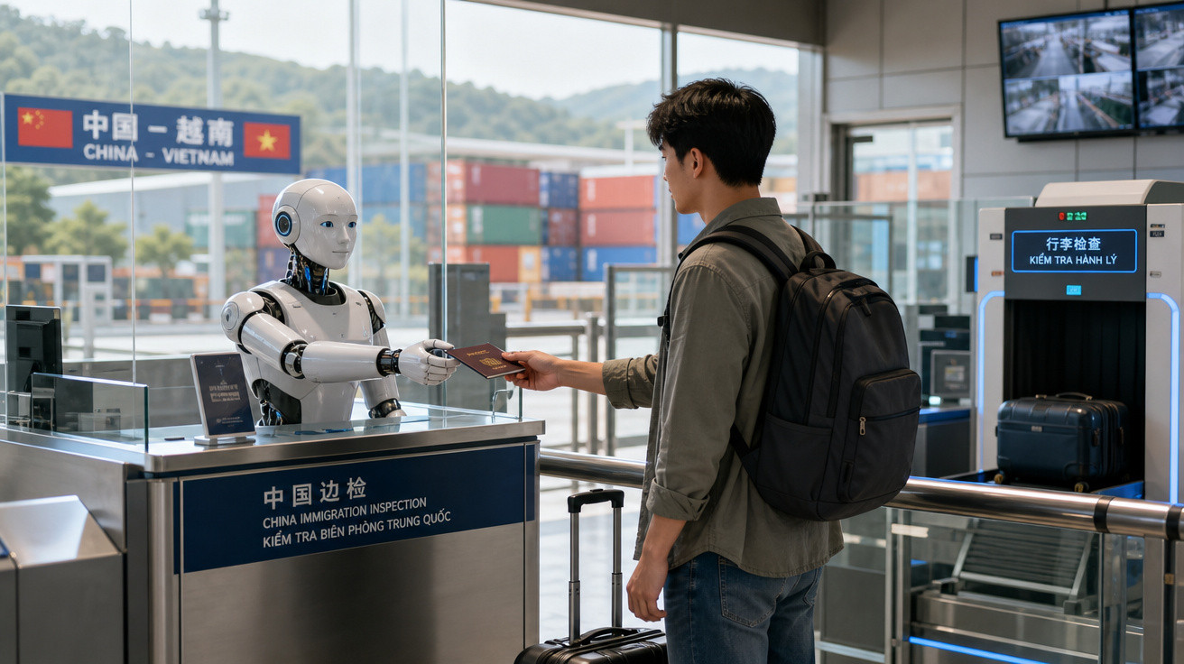 Homem entrega passaporte a um robô na imigração do aeroporto entre China e Vietname.