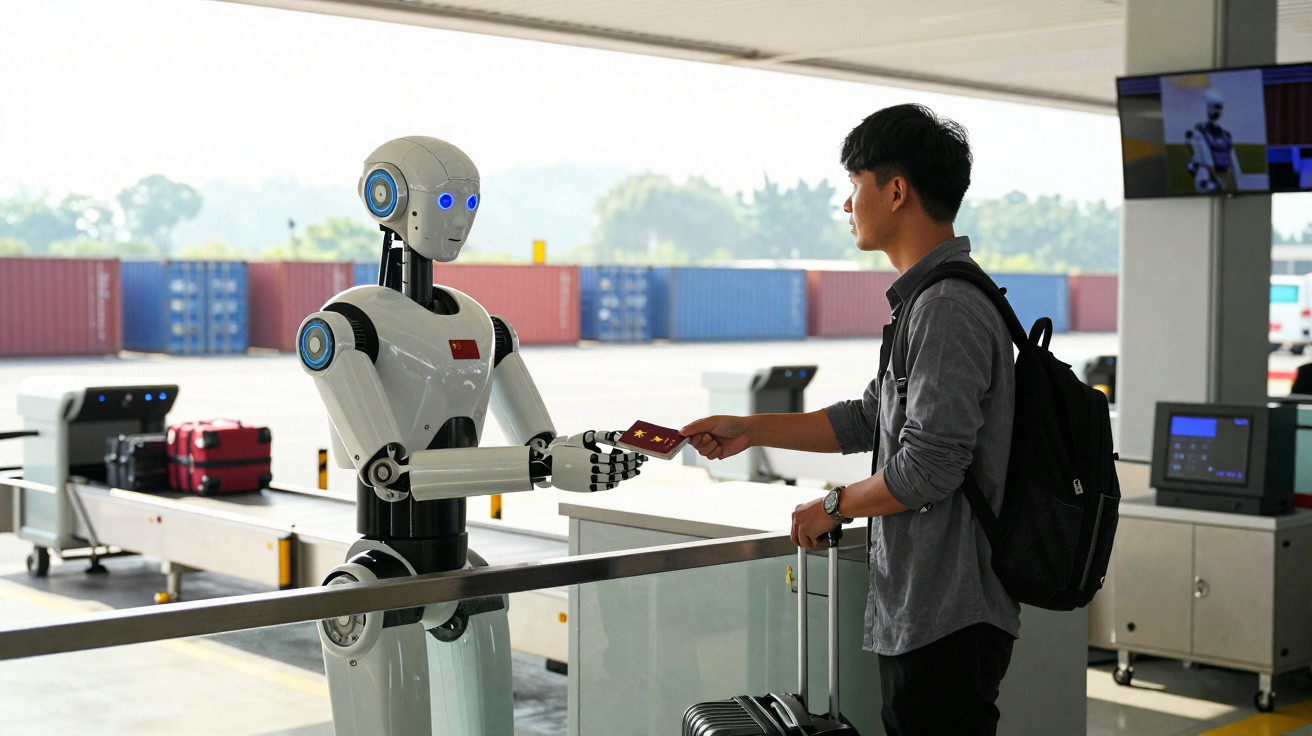 Homem entrega passaporte a robô numa interface de controlo num aeroporto moderno.