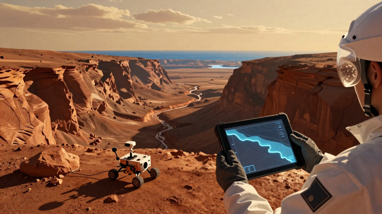 Astronauta com tablet controla rover numa paisagem desértica e rochosa com cânions sob céu limpo.
