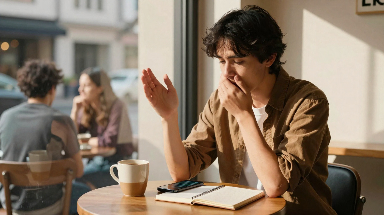 Jovem sentado sozinho à mesa com chá, a olhar preocupado para um telemóvel e caderno.