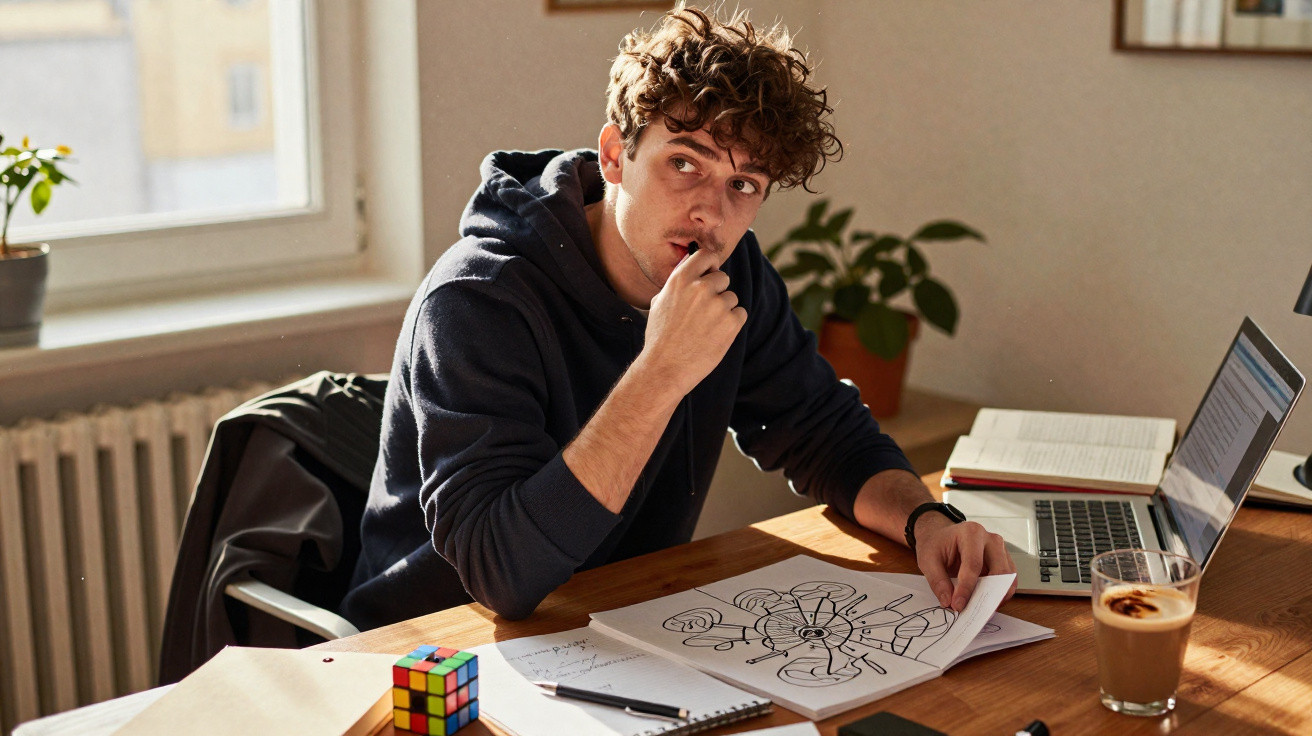 Jovem a pensar enquanto estuda em mesa com laptop, cadernos, cubos de Rubik e desenho de ideias.