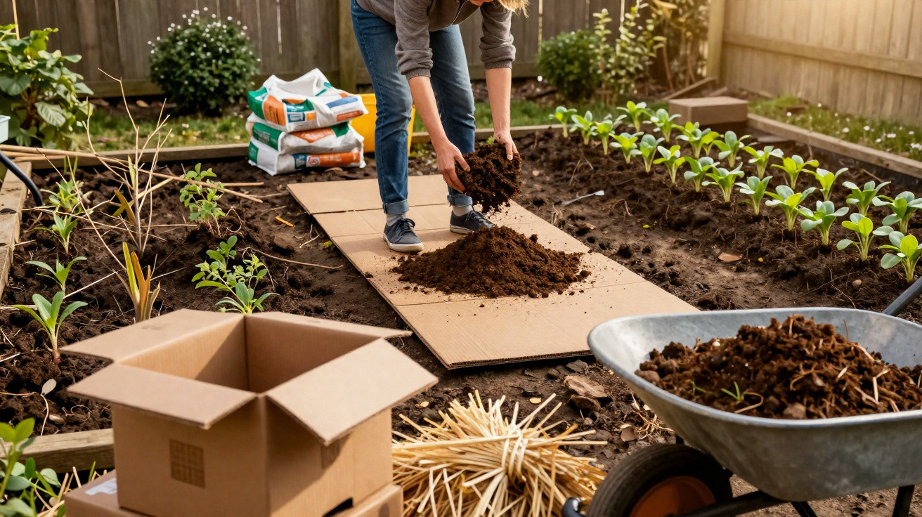 Pessoa a preparar terra num jardim para plantação com sacos de adubo e carrinho de mão.