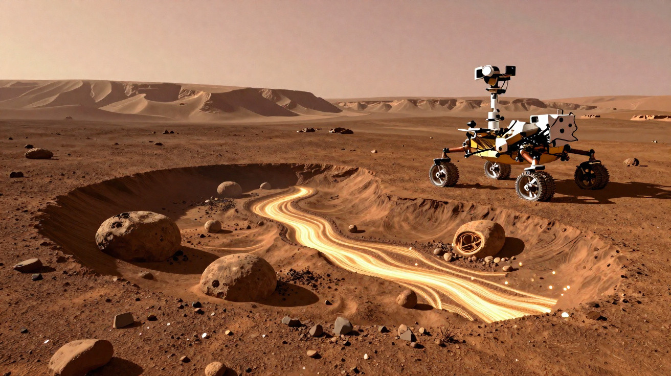 Rover exploratório a examinar uma cratera iluminada com um trilho luminoso num ambiente marciano desértico.