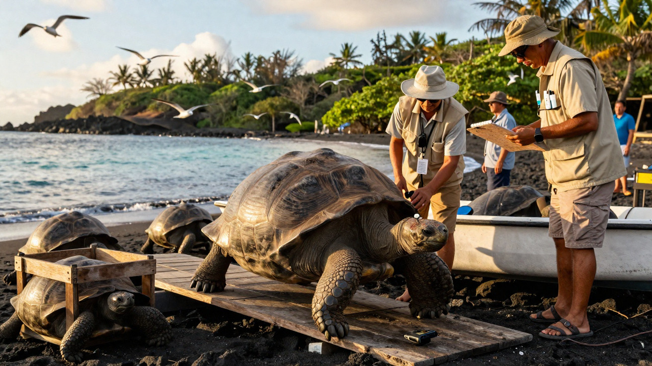 Dois tratadores medem e anotam dados de uma tartaruga gigante numa praia com rocha vulcânica e vegetação.