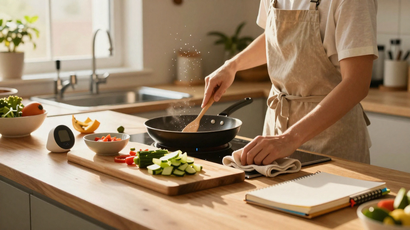 Pessoa a cozinhar numa cozinha moderna com legumes frescos e um caderno aberto numa bancada de madeira.