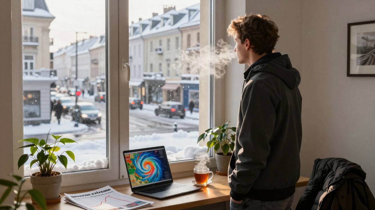 Jovem observa pela janela com neve, ao lado de computador, chá quente e jornal numa mesa interior.