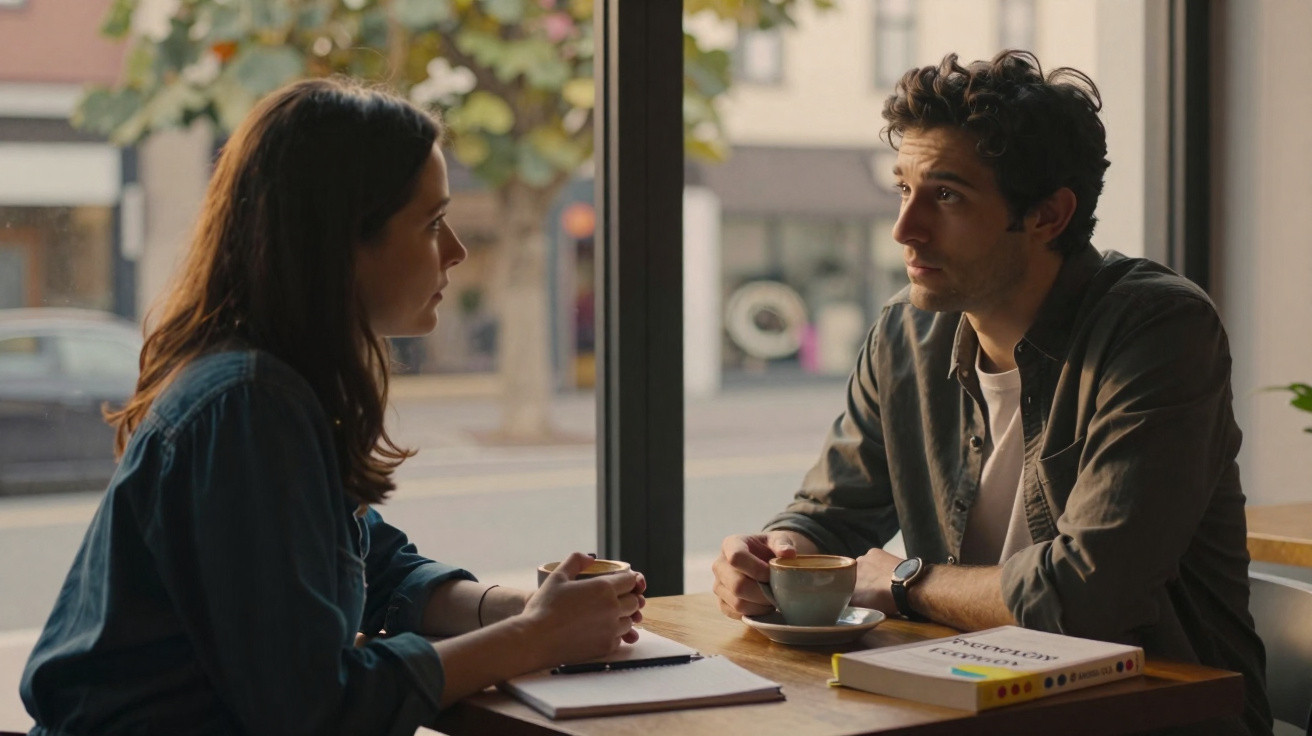 Duas pessoas sentadas à mesa num café, a conversar e a beber chá ou café, com um livro aberto e uma janela ao fundo.