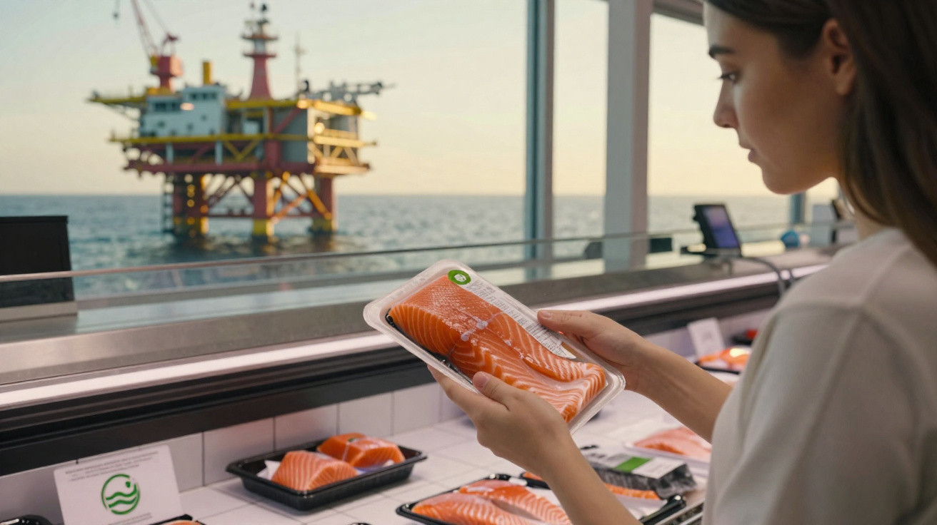 Mulher segura embalagem de salmão fresca numa peixaria com plataforma petrolífera ao fundo.
